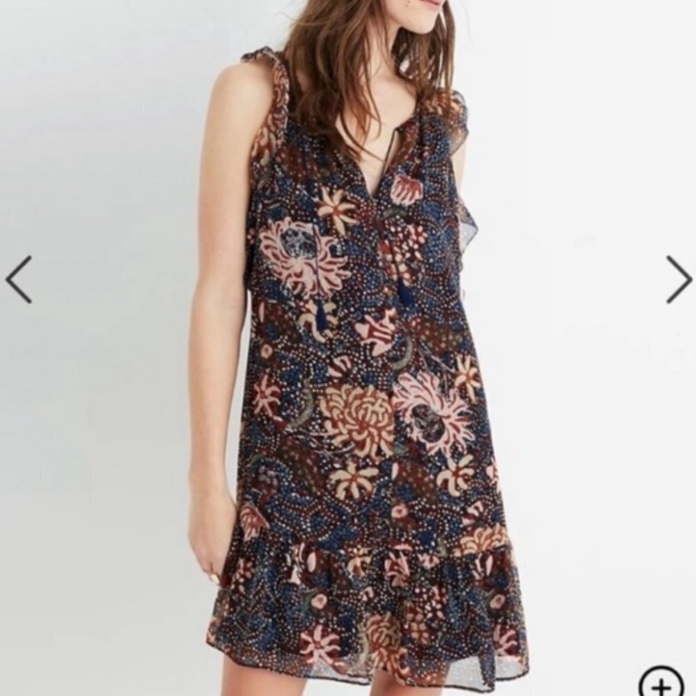 Madewell Navy & Brown V-neck Tassel Tie Flutter Sleeve Ruffle Hem Mini Dress XXS - Picture 4 of 16